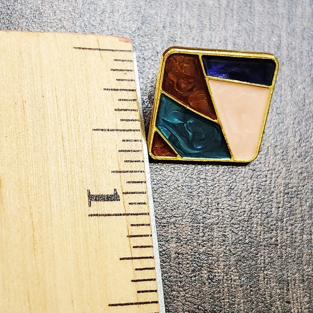 Multicolor Geometric Mosaic Enamel Stud Earrings Gold Tone Square Art Deco Style